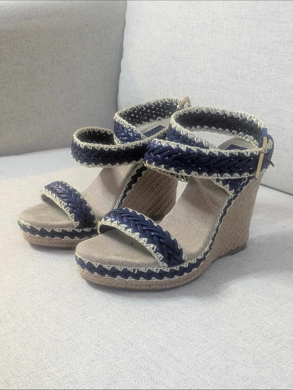 Tory Burch Navy Braided Espadrille Wedge Sandals Ankle Strap US 8.5 EU 39.5